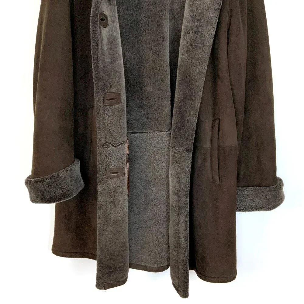 Marco Gianotti Macy's Brown Genuine Sherling Hooded Coat Sz 8 - Picture 7 of 16